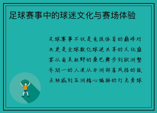 足球赛事中的球迷文化与赛场体验